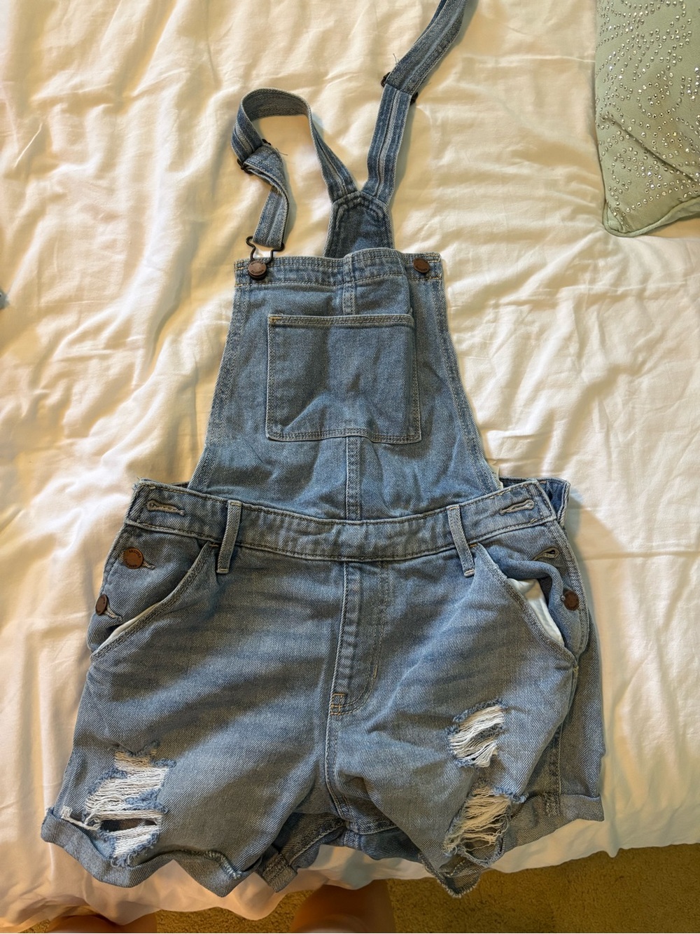 Hollister Light Wash High Rise Mom Short Overalls